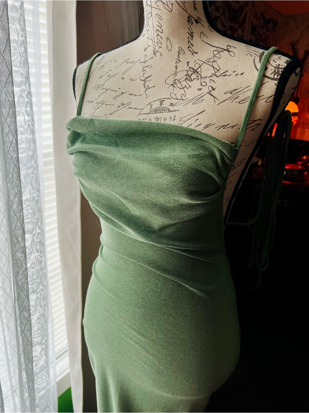 SHEIN Sage Green Backless Cowl Neck Spaghetti Strap Dress